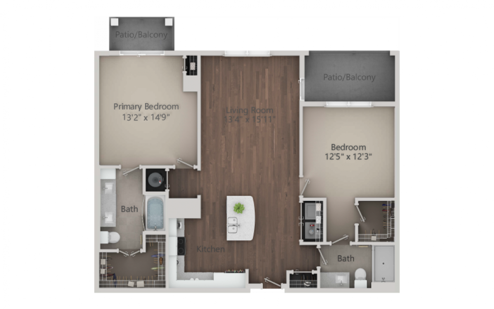 B2 - 2 bedroom floorplan layout with 2 baths and 1286 square feet. (2D)