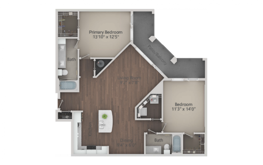B3 - 2 bedroom floorplan layout with 2 baths and 1364 square feet. (2D)