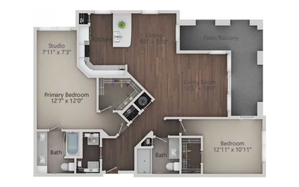 B4 - 2 bedroom floorplan layout with 2 baths and 1432 square feet. (2D)