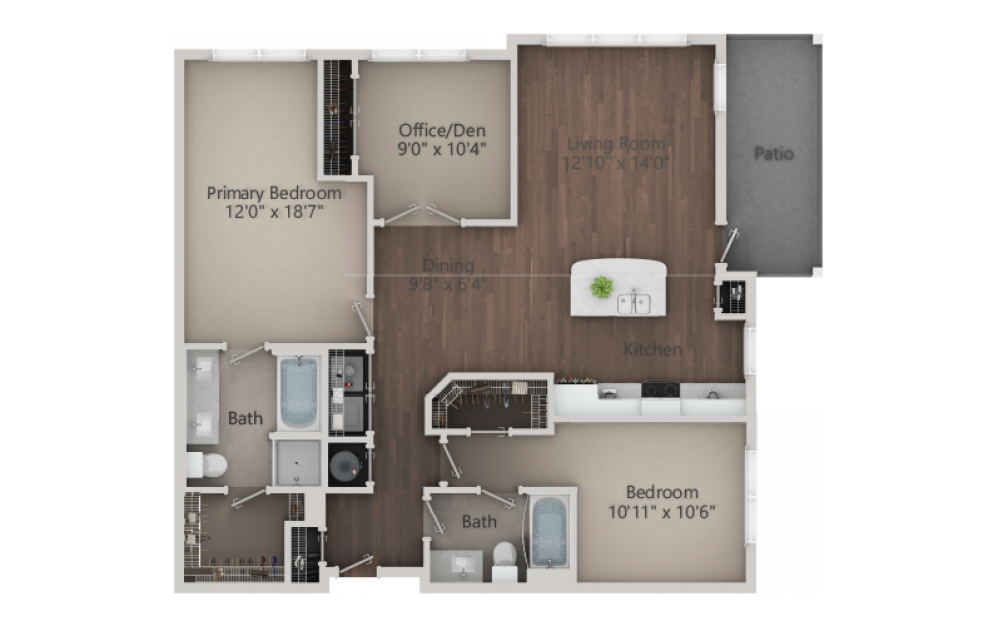 C1 - 3 bedroom floorplan layout with 2 baths and 1366 square feet. (2D)