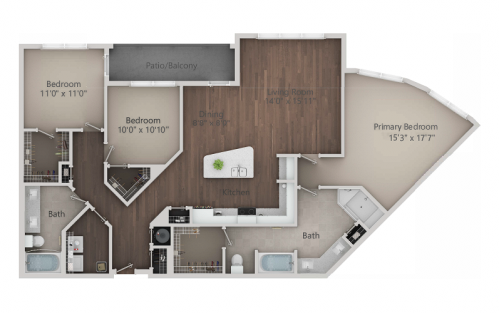 C2 - 3 bedroom floorplan layout with 2 baths and 1666 square feet. (2D)