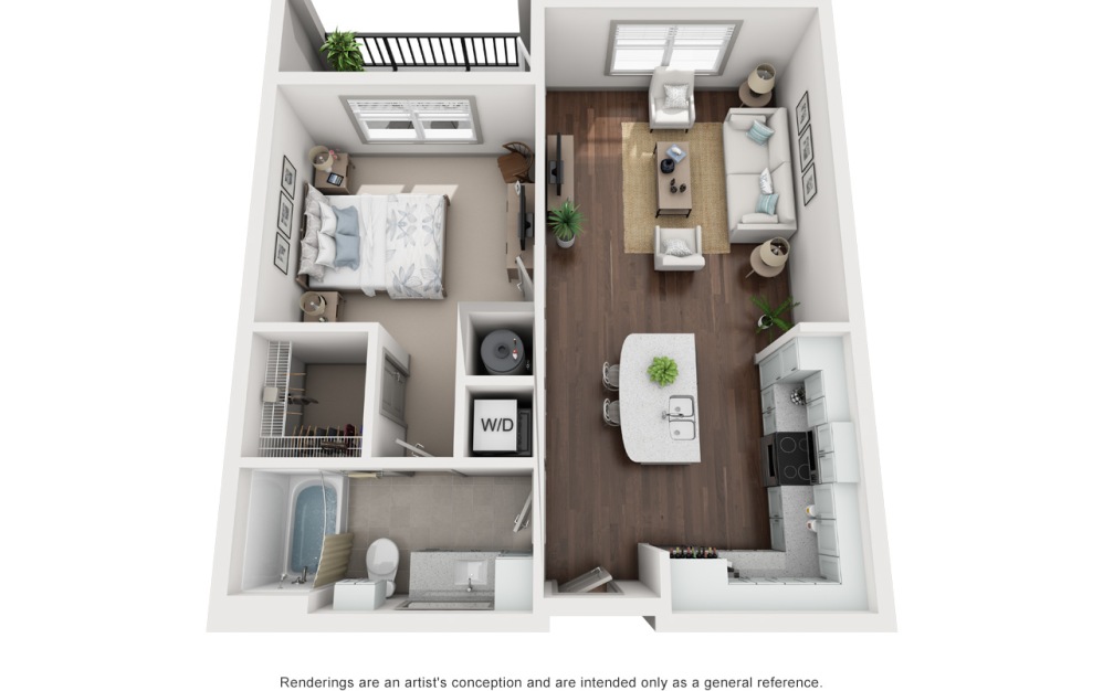 A1 - 1 bedroom floorplan layout with 1 bathroom and 758 square feet (3D)