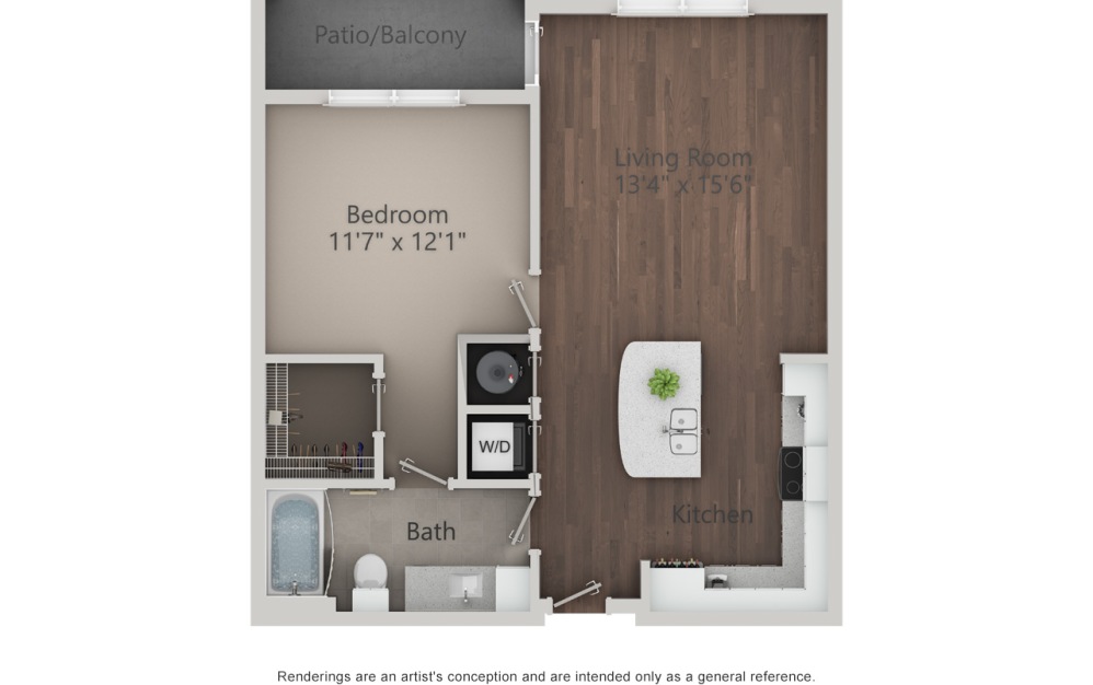 A1 - 1 bedroom floorplan layout with 1 bathroom and 758 square feet (2D)