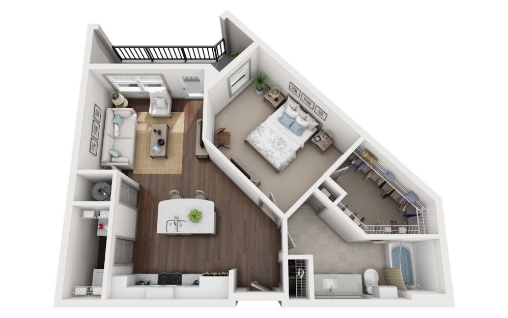 A2 - 1 bedroom floorplan layout with 1 bathroom and 840 square feet (3D)