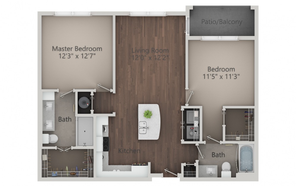 B1 - 2 bedroom floorplan layout with 2 baths and 1054 square feet. (2D) B1 - 2 bedroom floorplan layout with 2 baths and 1054 square feet. (2D)