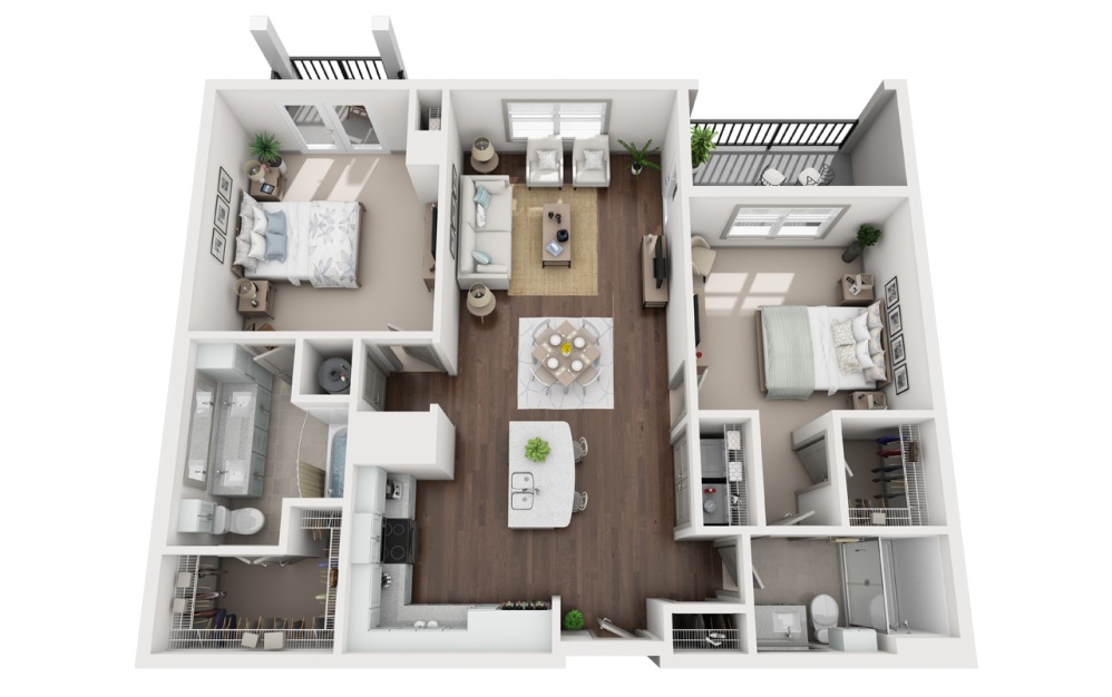 B2 - 2 bedroom floorplan layout with 2 bathrooms and 1286 square feet (3D)