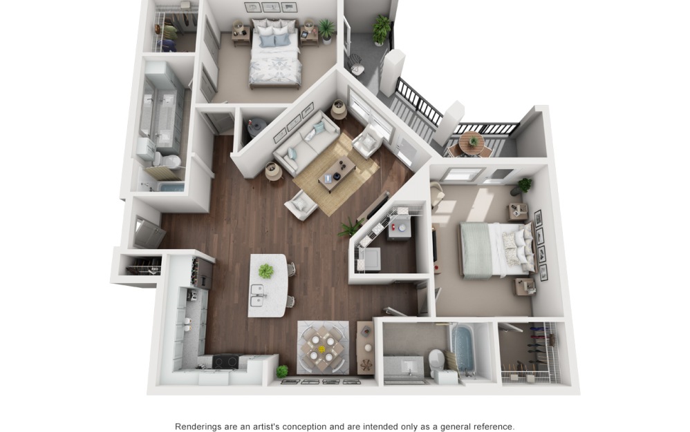 B3 - 2 bedroom floorplan layout with 2 bathrooms and 1364 square feet (3D)