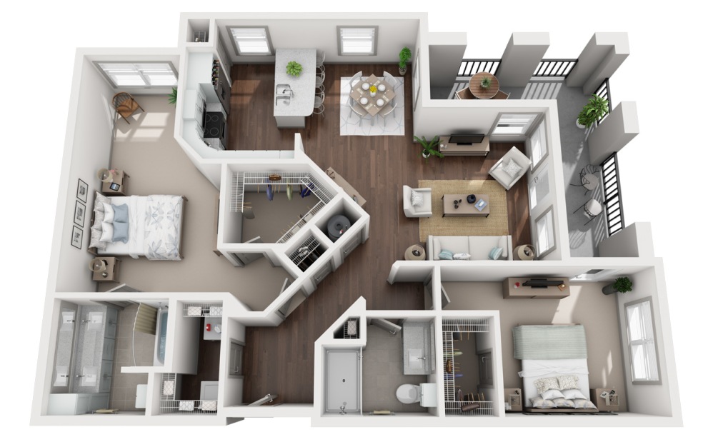 B4 - 2 bedroom floorplan layout with 2 bathrooms and 1432 square feet (3D)