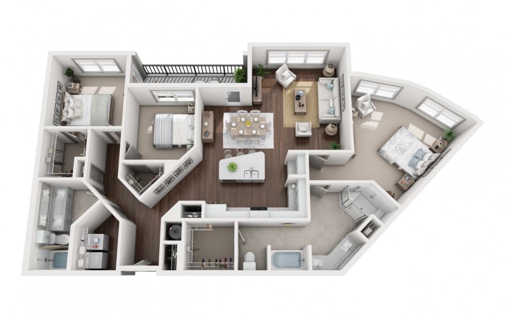 C2 - 3 bedroom floorplan layout with 2 baths and 1666 square feet. (3D)