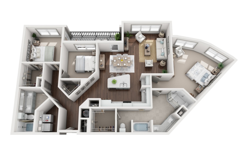 C2 - 3 bedroom floorplan layout with 2 bathrooms and 1666 square feet (3D)