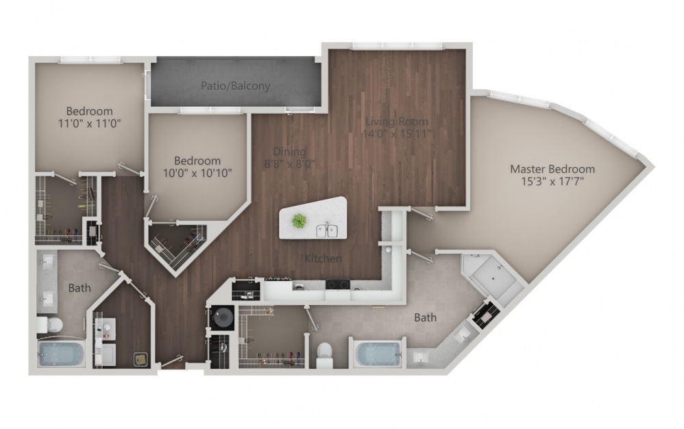 C2 - 3 bedroom floorplan layout with 2 baths and 1666 square feet. (2D) C2 - 3 bedroom floorplan layout with 2 baths and 1666 square feet. (2D)
