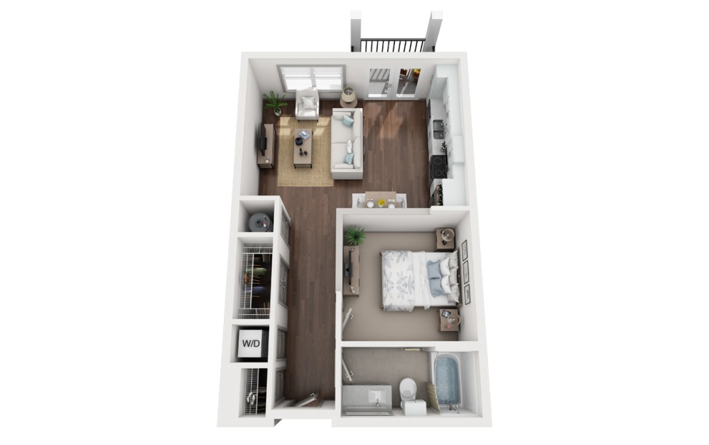 S2 - Studio floorplan layout with 1 bathroom and 640 square feet (3D)