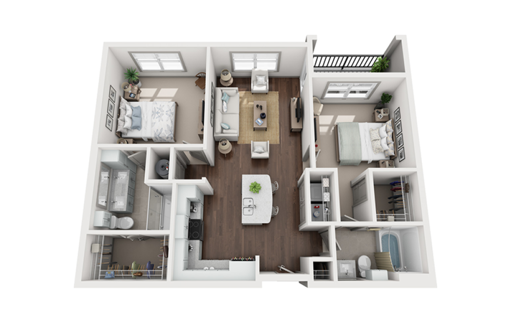 B1 - 2 bedroom floorplan layout with 2 bathrooms and 1054 square feet (3D)