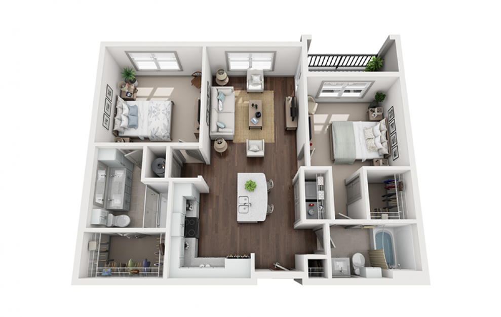 B1 - 2 bedroom floorplan layout with 2 baths and 1054 square feet. (3D)